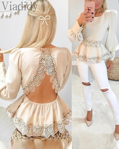 women's blouses & shirts women elegant lace patchwork lantern sleeve open back ruffles blouse, White
women's blouses & shirts women elegant lace patchwork lantern sleeve open back ruffles blouse, White