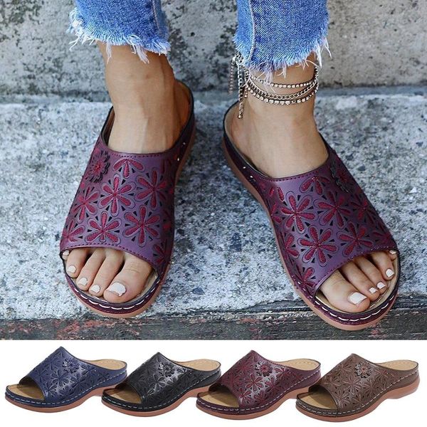 sandals pu leather soft footbed orthopedic arch-support women's summer beach shoes flat heel a66, Black