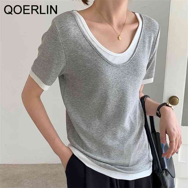 korean fake two pieces rib short sleeve t-shirt female summer fashion solid basicwear loose casual tees shirts 210601, White
korean fake two pieces rib short sleeve t-shirt female summer fashion solid basicwear loose casual tees shirts 210601, White