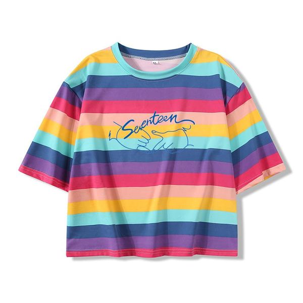 women's t-shirt high street style seventeen printing pattern summer korean casual rainbow stripes harajuku all-match crop clothes, White
women's t-shirt high street style seventeen printing pattern summer korean casual rainbow stripes harajuku all-match crop clothes, White