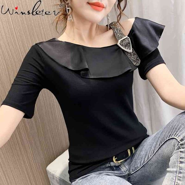 women's t-shirt summer european clothes fashion ruffles skew collar diammonds chian women short sleeve tees t14721a 7n9d, White
women's t-shirt summer european clothes fashion ruffles skew collar diammonds chian women short sleeve tees t14721a 7n9d, White