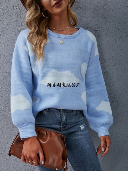 2021 winter printed round neck blue knitted pullover baiyun sweet urban casual sweater, White
2021 winter printed round neck blue knitted pullover baiyun sweet urban casual sweater, White