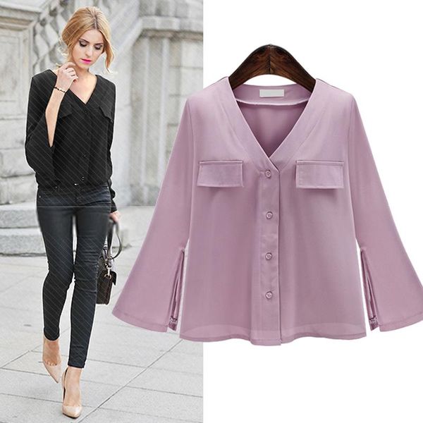 women's blouses & shirts 2021 spring summer women solid color chiffon shirt casual flare sleeve v-neck pocket ladies blouse chemisier, White
women's blouses & shirts 2021 spring summer women solid color chiffon shirt casual flare sleeve v-neck pocket ladies blouse chemisier, White