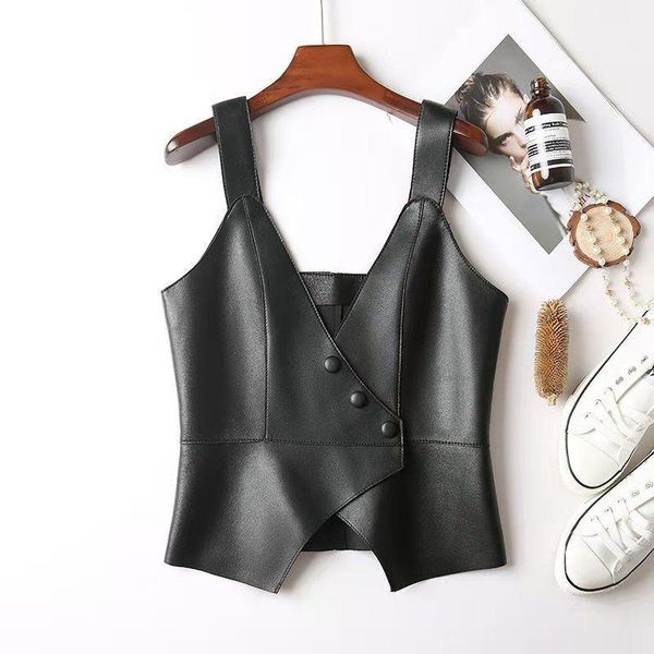 women's vests 2021 women spring autumn casual pu leather short vest female ruffles solid button sleeveless waistcoat ladies elegant i25, Black;white
women's vests 2021 women spring autumn casual pu leather short vest female ruffles solid button sleeveless waistcoat ladies elegant i25, Black;white