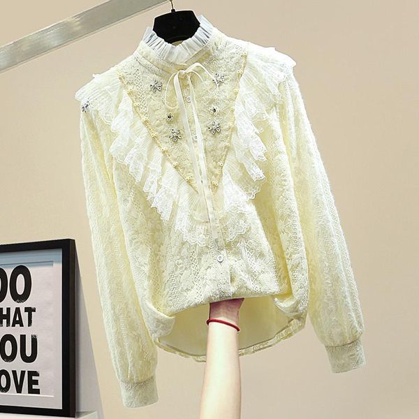 women's blouses & shirts sweet base shirt 2021 spring lace diamond stand collar long sleeve woman and blouse outwear mujer blusas, White
women's blouses & shirts sweet base shirt 2021 spring lace diamond stand collar long sleeve woman and blouse outwear mujer blusas, White