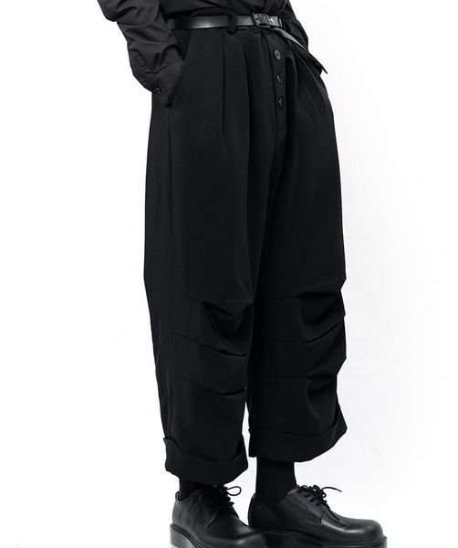 men's pants style yamamoto casual wide leg skirt pleated irregular dark button placket, Black
men's pants style yamamoto casual wide leg skirt pleated irregular dark button placket, Black