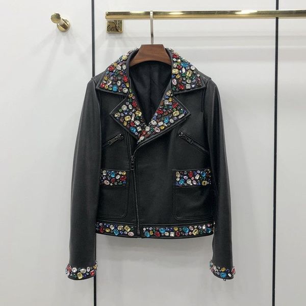 women's leather & faux autumn designer genuine sheepskin diamonds jackets b499, Black
women's leather & faux autumn designer genuine sheepskin diamonds jackets b499, Black