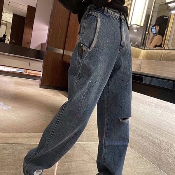 21s spring and summer new ader splash ink denim straight wide leg pants hole trend, White;black 
21s spring and summer new ader splash ink denim straight wide leg pants hole trend, White;black