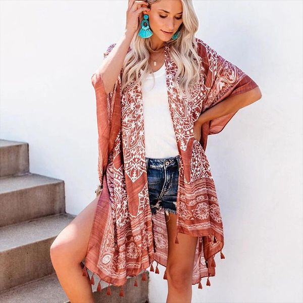 women's swimwear bikini cover up boho print seaside vacation fringed blouse casual mid-length loose beach cardigan jacket women, White;black
women's swimwear bikini cover up boho print seaside vacation fringed blouse casual mid-length loose beach cardigan jacket women, White;black
