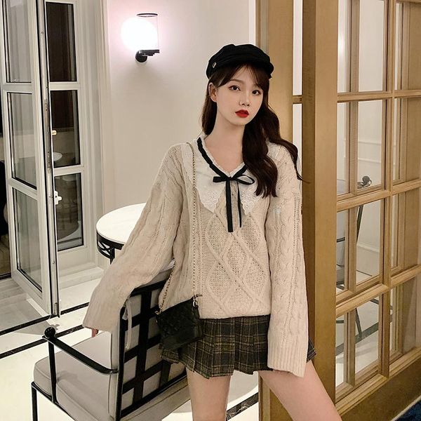women's sweaters retro twist sweater for women fall / winter 2021, White;black
women's sweaters retro twist sweater for women fall / winter 2021, White;black