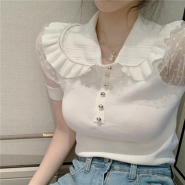 women's t-shirt mesh stitching doll collar ice silk knitted puff sleeve slim short-sleeved bottoming shirt women, White
women's t-shirt mesh stitching doll collar ice silk knitted puff sleeve slim short-sleeved bottoming shirt women, White