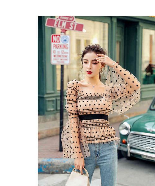 women's two piece pants womens blouses ladies see-through sheer mesh dot blouse transparent puff long sleeve cropped shi, White 
women's two piece pants womens blouses ladies see-through sheer mesh dot blouse transparent puff long sleeve cropped shi, White