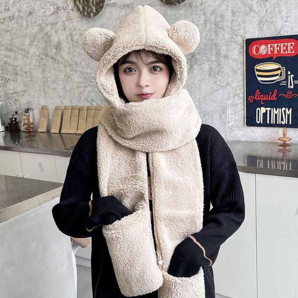 berets winter women scarf gloves hat set warm lamb velvet female autumn cute hooded bear ear protection cotton cap, Blue;gray
berets winter women scarf gloves hat set warm lamb velvet female autumn cute hooded bear ear protection cotton cap, Blue;gray