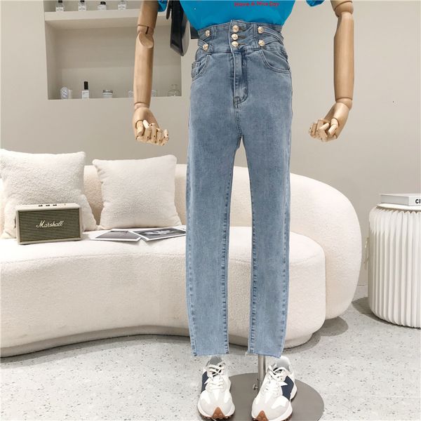 women's spring 2021 niche fashion design multi-button high waist jeans thin breasted cropped pants pencil, Blue
women's spring 2021 niche fashion design multi-button high waist jeans thin breasted cropped pants pencil, Blue