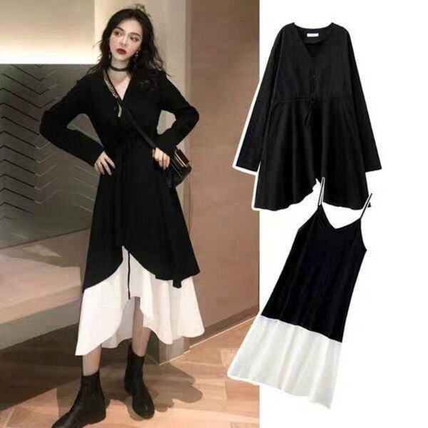autumn women dress oversize two piece set korean style fashion long female bing patchwork sleeve black 2021 casual dresses, Black;gray
autumn women dress oversize two piece set korean style fashion long female bing patchwork sleeve black 2021 casual dresses, Black;gray