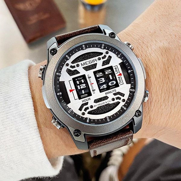 wristwatches megir drum roller watch for men fashion quartz wristwatch leather strap sports men's designer relogio masculino, Slivery;brown
wristwatches megir drum roller watch for men fashion quartz wristwatch leather strap sports men's designer relogio masculino, Slivery;brown