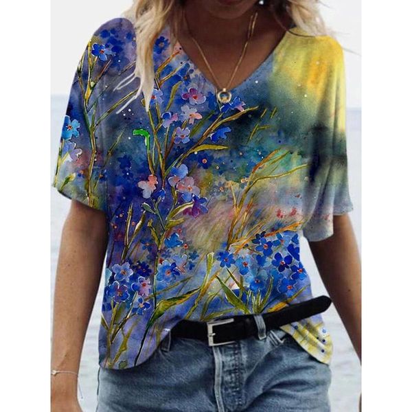 women's t-shirt women for summer 2021 fashion short sleeve v-neck casual loose streetwear ladies 3d floral printing pullovers, White