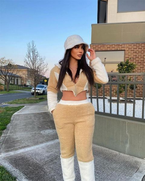 women's two piece pants teddy cashmere color block patchwork tracksuit women casual outwear zipper irregular crop + slim set suits, White
women's two piece pants teddy cashmere color block patchwork tracksuit women casual outwear zipper irregular crop + slim set suits, White