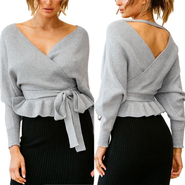 women's sweaters women loose style knitwear solid color deep v-neck long sleeve ruffled hem pullover, White;black
women's sweaters women loose style knitwear solid color deep v-neck long sleeve ruffled hem pullover, White;black