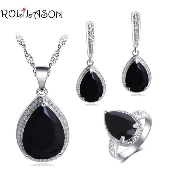earrings & necklace rolilason weeding gift for women black cubic zircon water drop design rings jewelry sets js743, Silver
earrings & necklace rolilason weeding gift for women black cubic zircon water drop design rings jewelry sets js743, Silver