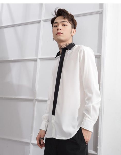 men's casual shirts white slim shirt long sleeve black collar dark door flap round and big mountain style, White;black
men's casual shirts white slim shirt long sleeve black collar dark door flap round and big mountain style, White;black