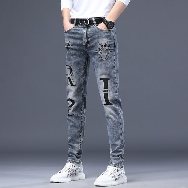 fashion jeans men's slim fit small foot elastic straight tube casual korean trend printing stamping pants, Blue
fashion jeans men's slim fit small foot elastic straight tube casual korean trend printing stamping pants, Blue