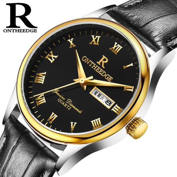 

wristwatches ontheedge fashion business genuine leather strap men's quartz watch roman numerals week/calendar waterproof relogio mascul, Slivery;brown