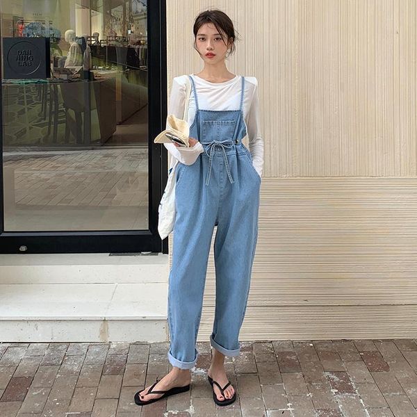 women's pants & capris spring 2021 korean style tight waist slimming sense of design all-match lace-up denim suspender trousers, Black;white