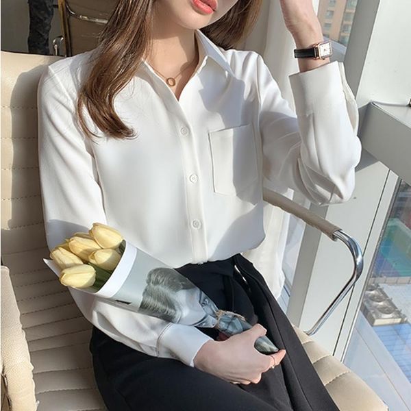 women's blouses & shirts casual women solid shirt office ladies and female korean long sleeves chic, White
women's blouses & shirts casual women solid shirt office ladies and female korean long sleeves chic, White
