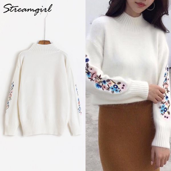 winter woman sweater knitting pullovers warm white yellow sweater with embroidery women's turtleneck women pull femme hiver 210421, White;black 
winter woman sweater knitting pullovers warm white yellow sweater with embroidery women's turtleneck women pull femme hiver 210421, White;black