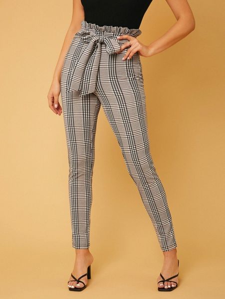 tall plaid paper bag waist knot front pants w6pe#, Black;white 
tall plaid paper bag waist knot front pants w6pe#, Black;white