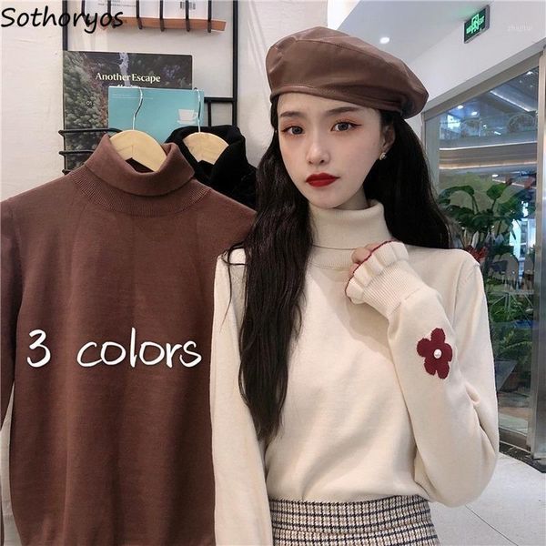 women pullovers solid all-match turtleneck knitted sweater floral pattern korean preppy style slim leisure student outwear chic women's, White;black
women pullovers solid all-match turtleneck knitted sweater floral pattern korean preppy style slim leisure student outwear chic women's, White;black