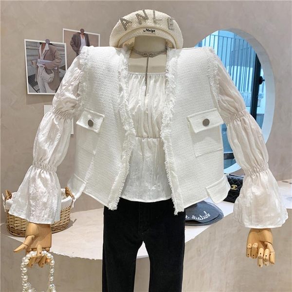 women's vests clothing 2021 autumn temperament suit tweed vest coat long sleeve pleated short shirt two piece set, Black;white
women's vests clothing 2021 autumn temperament suit tweed vest coat long sleeve pleated short shirt two piece set, Black;white