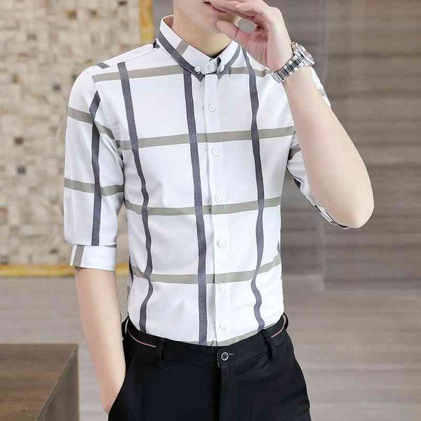 plaid shirt men's korean slim summer 7 / 7 ruffian handsome short trend medium sleeve inch shirt, White;black