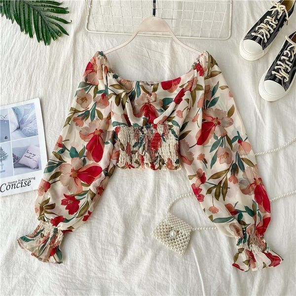 vintage square collar slim floral womens t shirt print elastic chiffon tee pleated spring beach autumn, White
vintage square collar slim floral womens t shirt print elastic chiffon tee pleated spring beach autumn, White