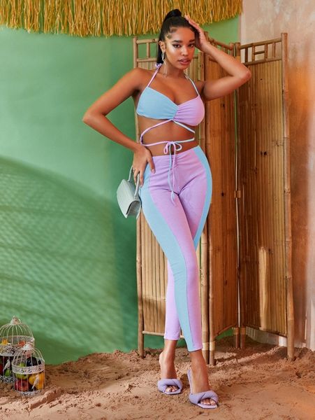 sxy two tone open back ruched bust knot detail halter jumpsuit 383a#, White