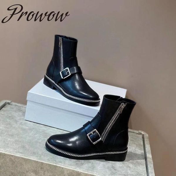 boots prowow balck genuineleather metal chain trimmed ankle round toe buckle strap runway fashion shoes women, Black
boots prowow balck genuineleather metal chain trimmed ankle round toe buckle strap runway fashion shoes women, Black