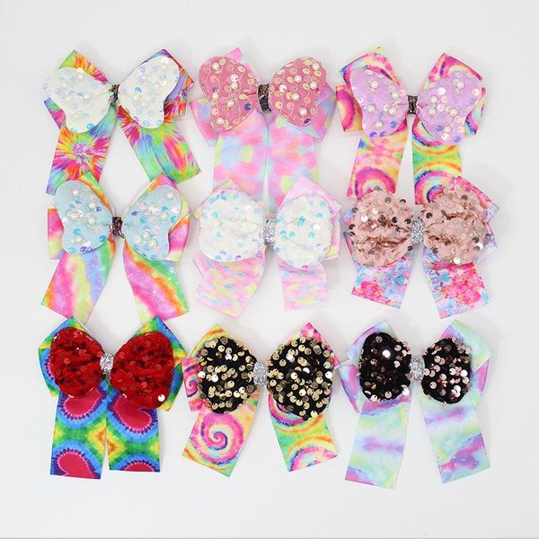 hair accessories 9pcs/set sequins streamer bows for girls tie dye ribbon large bowknot hairpin pearl kids grips headdress accesories, Slivery;white