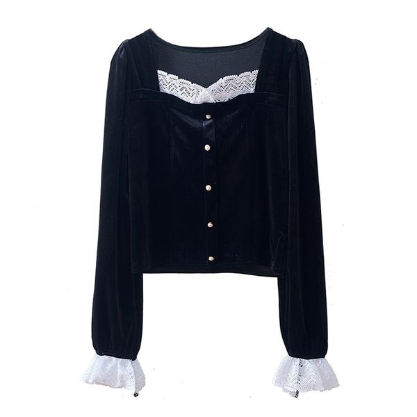 women black velvet slash neck long sleeve shirt blouse button lace b0718 210514, White
women black velvet slash neck long sleeve shirt blouse button lace b0718 210514, White