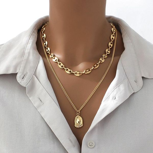 double layer queen head pendant necklaces gold thick clavicle chain portrait necklace for women vintage punk jewelry, Silver
double layer queen head pendant necklaces gold thick clavicle chain portrait necklace for women vintage punk jewelry, Silver