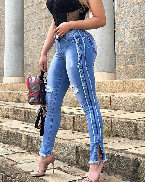 women's jeans 2021 autumn and winter ripped hem stitched, Blue