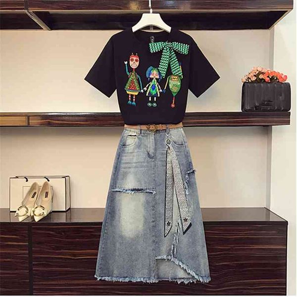 two piece denim skirt set women summer sequines embroidery bowknot short sleeve tshirt + ribbon bow pendant irregular suit 210602, White
two piece denim skirt set women summer sequines embroidery bowknot short sleeve tshirt + ribbon bow pendant irregular suit 210602, White