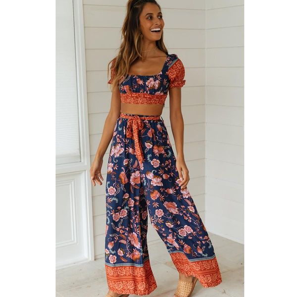 boho floral printed two womens tracksuits pieces set summer elastic slim short and long wide leg pants beach casual, Gray
boho floral printed two womens tracksuits pieces set summer elastic slim short and long wide leg pants beach casual, Gray