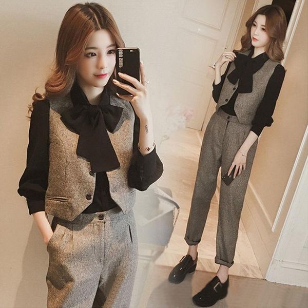 women's two piece pants 2021 korea style women 3pcs set black bowknot blouse + v neck blazer vest long three pieces female, White
women's two piece pants 2021 korea style women 3pcs set black bowknot blouse + v neck blazer vest long three pieces female, White