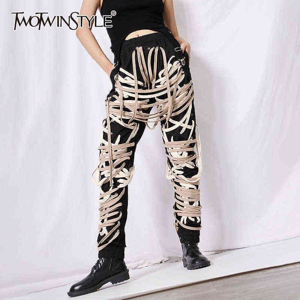 twotwinstyle cross bandage pants for women high waist full length plus size casual black trousers female autumn style 211124, Black;white
twotwinstyle cross bandage pants for women high waist full length plus size casual black trousers female autumn style 211124, Black;white