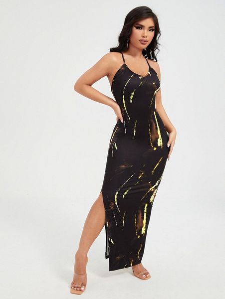 tie dye split hem cami dress r0wh#, Black;gray 
tie dye split hem cami dress r0wh#, Black;gray