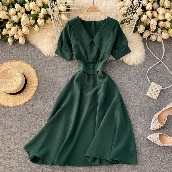 korean elegant buttoned lapel long dress summer solid color vintage for womens puff short sleeve a-line vestidos 210420, Black;gray
korean elegant buttoned lapel long dress summer solid color vintage for womens puff short sleeve a-line vestidos 210420, Black;gray