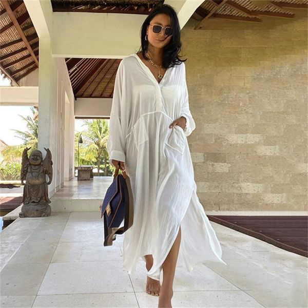 women's swimwear loose pocket beach cover up white long dress tunic skirt bikini swimsuit ups woman clothing, White;black 
women's swimwear loose pocket beach cover up white long dress tunic skirt bikini swimsuit ups woman clothing, White;black
