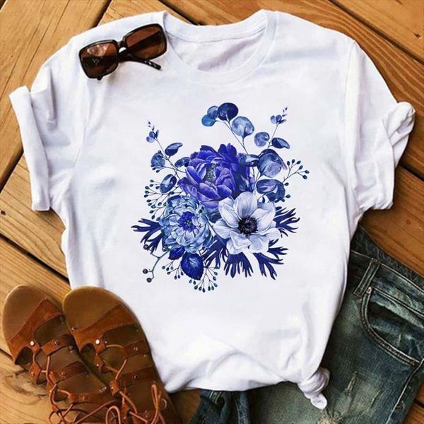 vogue floral cartoon flower women t shirts graphic printed fashion o neck woman clothes short sleeve tshirts tee, White