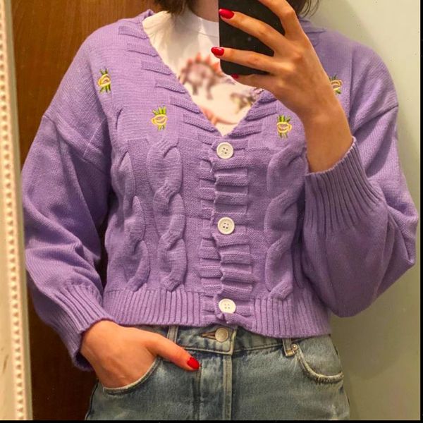 women sweater autumn and winter knitted fashion loose short v neck lantern floral vintage embroidery harajuku female cardigan, White;black
women sweater autumn and winter knitted fashion loose short v neck lantern floral vintage embroidery harajuku female cardigan, White;black